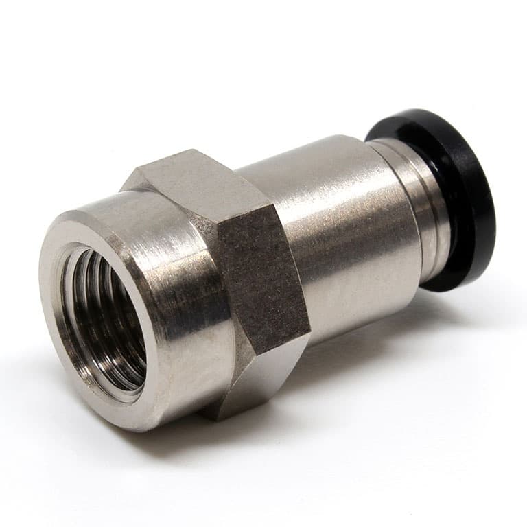Pisco PCF3/8-N3U Female Straight push-in fitting. 3/8 inch push-in (tube) to NPT 3/8 female. Nickel-plated brass body with NBR seals. PCF3/8-N3U on Applied Automation