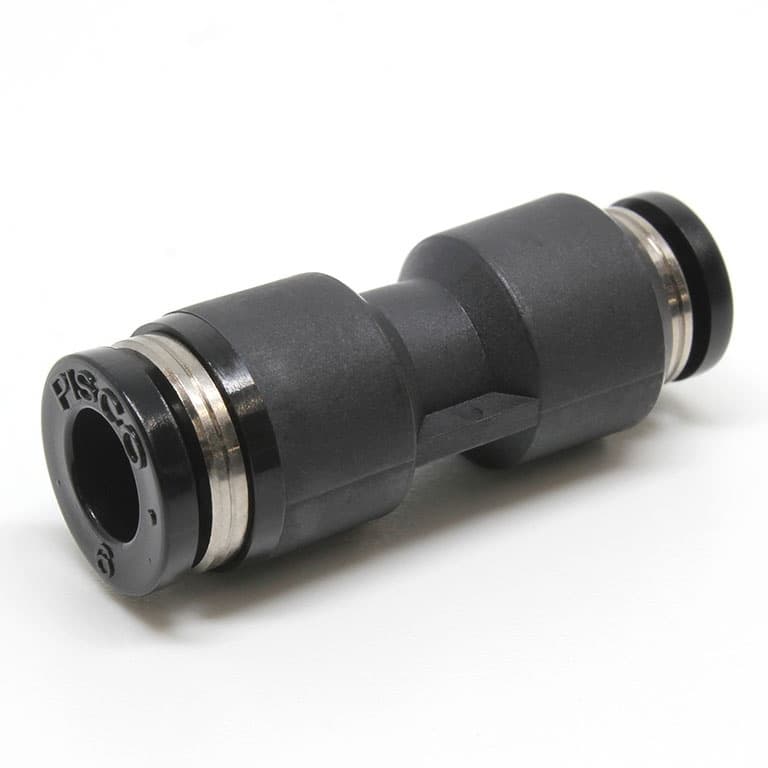 Pisco PG1/4-5/32 Unequal Union Straight push-in fitting. 1/4 inch push-in (tube) to 5/32 inch push-in (tube). PBT resin body with NBR seals. PG1/4-5/32 on Applied Automation