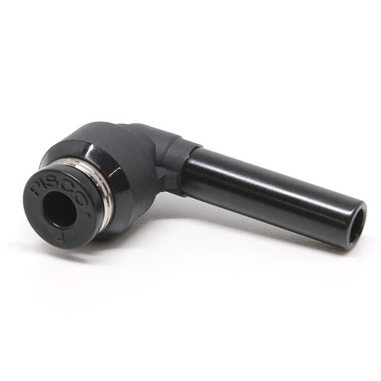 Pisco PLGJ1/4-5/32 Unequal Plug-in Elbow push-in fitting. 1/4 inch push-in (tube) to 5/32 inch push-in (tube). PBT resin body with NBR seals. PLGJ1/4-5/32 on Applied Automation