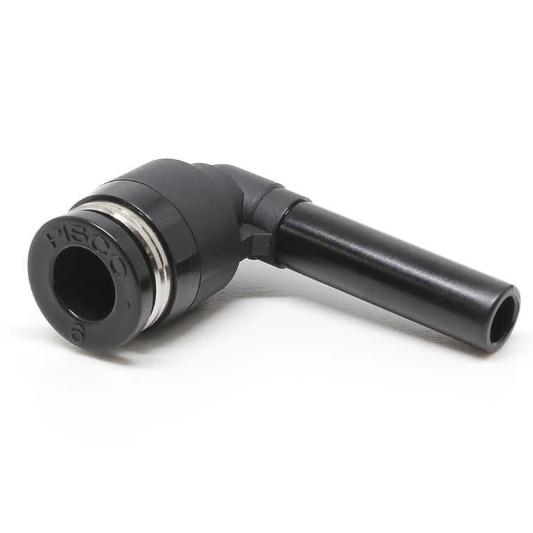 Pisco PLJ3/8 Plug-in Elbow push-in fitting. 3/8 inch push-in (tube) to 3/8 inch push-in (tube). PBT resin body with NBR seals. PLJ3/8 on Applied Automation