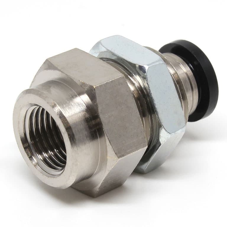 Pisco PMF3/8-N2U Bulkhead Female Straight push-in fitting. 3/8 inch push-in (tube) to NPT 1/4 female. Nickel-plated brass body with NBR seals. PMF3/8-N2U on Applied Automation