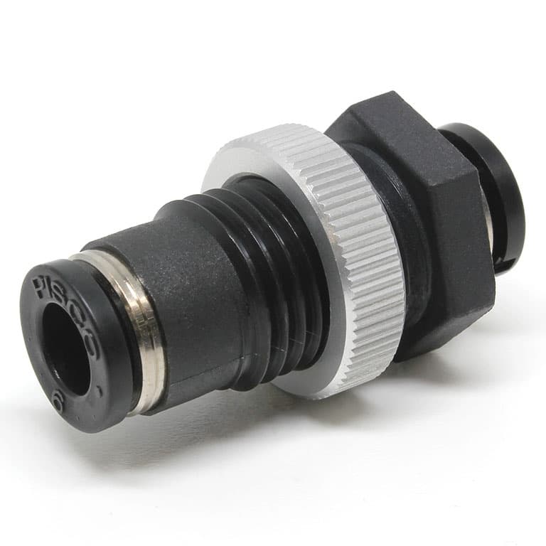 Pisco PMP5/32 Bulkhead Union P push-in fitting. 5/32 inch push-in (tube) to 5/32 inch push-in (tube). PBT resin body with NBR seals. PMP5/32 on Applied Automation