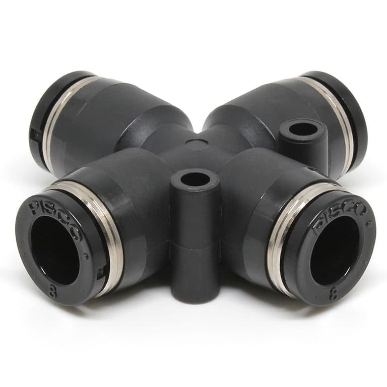 Pisco PZA1/4 Union Cross push-in fitting. 1/4 inch push-in (tube) to 1/4 inch push-in (tube). PBT resin body with NBR seals. PZA1/4 on Applied Automation