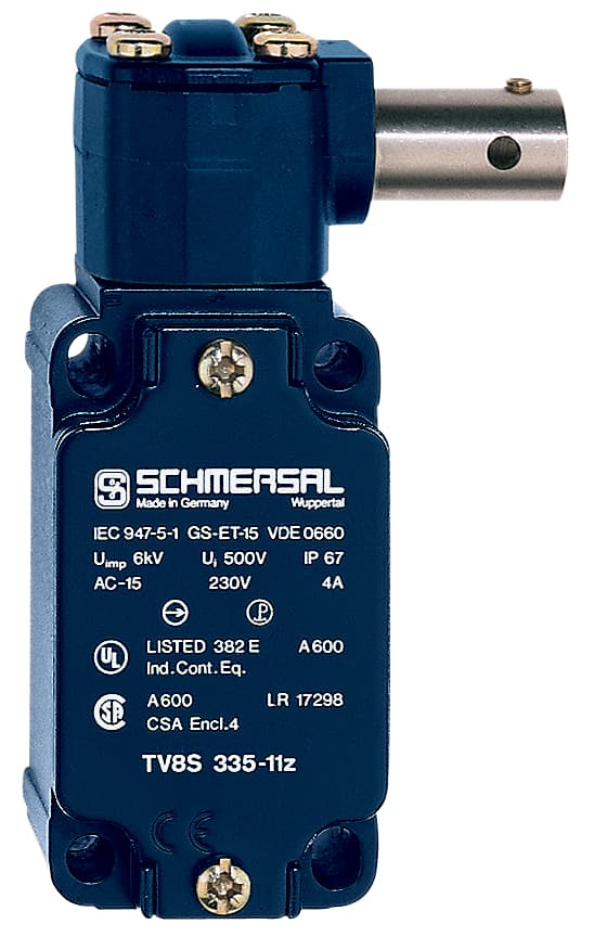 Schmersal TV8S 335-03Z Safety switch for hinged guards; Hinge safety switch; 1 Cable entry M 20 x 1.5; Metal enclosure; Good resistance to oil and petroleum spirit; Actuator heads can be repositioned by 4 x 90°; 40,5 mm x 107 mm x 65,3 mm; Actuator shaft can be turned 360° TV8S 335-03Z on Applied Automation