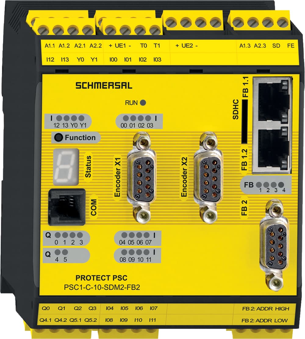 Schmersal PSC1-C-10-SDM2-FB2 PSC1-C-10-SDM2-FB2 Schmersal - Safety controllers; PROTECT PSC1; Memory card; conversion of the field bus protocols by software; integrated SD-Bus-Gateway; Safe drive monitoring according to EN 61800-5-2 (SDM – Safe Drive Monitoring) for up to 2 axes; Modular expansion with up to 64 in PSC1-C-10-SDM2-FB2 on Applied Automation