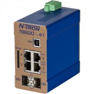 Red Lion 7506GX2-SX Red Lion 7506GX2-SX is a Gigabit (GbE/GigE) industrial managed Ethernet switch that features SNMP v1, v2, v3, and Web Browser Management for enhanced network control and monitoring. It incorporates N-Ring Technology with a 30ms healing time, N-Link Redundant Ring Technology, and N-View Monitoring Technology for robust network redundancy and visibility. This switch supports EtherNet/IP CIP Messaging, IGMP Auto Configuration, 802.1Q tag VLAN, Port VLAN, 802.1p QoS, Port QoS, Port Trunking, Port Mirroring, and 802.1d/w/D RSTP for comprehensive network management and security. It also offers DHCP Server with Option 82 Relay, IP Fallback, Local Port IP Addressing, 802.1AB-2005 LLDP, and MAC Address Based Filtering for port security. The switch is equipped with 4 x RJ45 ports (10/100/1000BaseTX), 2 x SFP (Mini-GBIC) Gigabit Transceivers slots plus 1 pre-installed multi-mode transceiver with LC style connectors for 1000BaseFX optical fiber. It operates within a voltage range of 10-49Vdc (12Vdc / 24Vdc / 48Vdc) and is designed with ESD + Surge protection on power inputs, housed in a metallic case suitable for DIN rail mounting. The 7506GX2-SX operates in temperatures ranging from -40 to +80°C, uses Ethernet as its rated insulation voltage (Ui), and is part of the N-Tron 7000 series with a 6-port configuration. 7506GX2-SX on Applied Automation