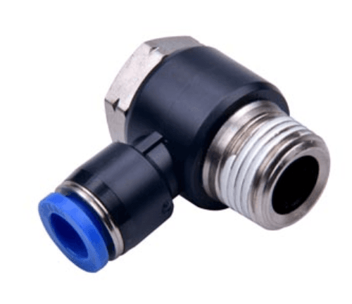 AirTAC NPH1/2-1/2 Universal male elbow (NPT thread), Nickel plated brass/plastic body with plastic collar, 1/2" inch tubing connection,1/2" NPT thread, Nickel plated brass and plastic, NBR, Black body with blue collar NPH1/2-1/2 on Applied Automation