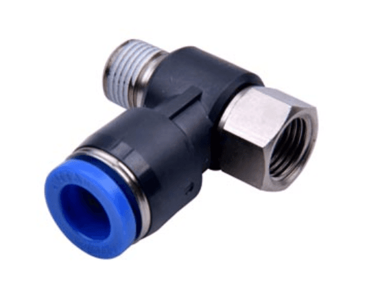 AirTAC NPHF3/8-1/2 Universal female elbow (NPT thread), Nickel plated brass/plastic body with plastic collar, 3/8" inch tubing connection,1/2" NPT thread, Nickel plated brass and plastic, NBR, Black body with blue collar NPHF3/8-1/2 on Applied Automation