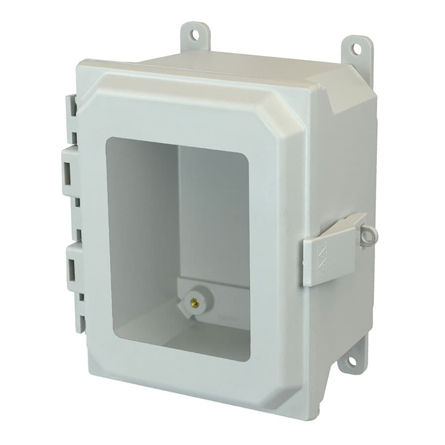 Allied Moulded Products AMU864NLW 8"x6"x4" ULTRALINE® fiberglass wall mount enclosure assembly with hinged window cover and nonmetal snap latch AMU864NLW on Applied Automation