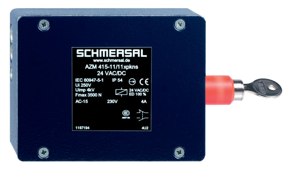 Schmersal AZM 415-11/11XPKNS 24VAC/DC Solenoid interlocks; Adjustable ball latch to 400 N; Problem-free opening of stressed doors by means of bell-crank system; 2 switches in one enclosure; Ex version available; Emergency release; 162 mm x 100 mm x 46,5 mm; Metal enclosure; Interlock with pro AZM 415-11/11XPKNS 24VAC/DC on Applied Automation
