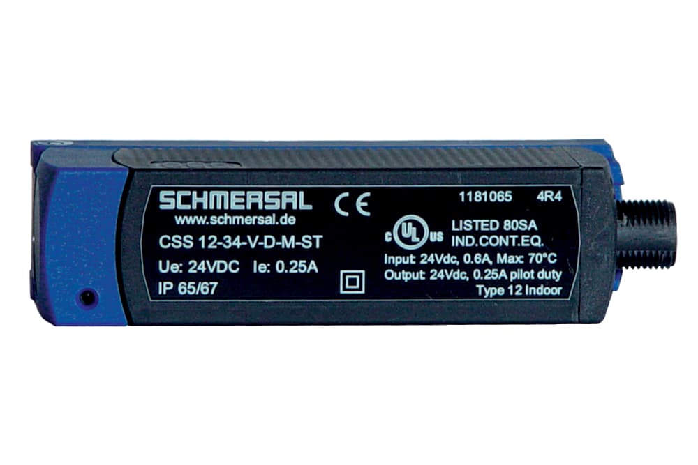 Schmersal CSS 14-34-S-SD-M-ST Safety sensors; Electronic safety sensors; 1 x connector plug M12, 8-pole; Actuation from side; serial diagnostic output; Max. 31 sensors can be wired in series.; Thermoplastic enclosure; Electronic contact-free, coded system; Misaligned actuation possibl CSS 14-34-S-SD-M-ST on Applied Automation