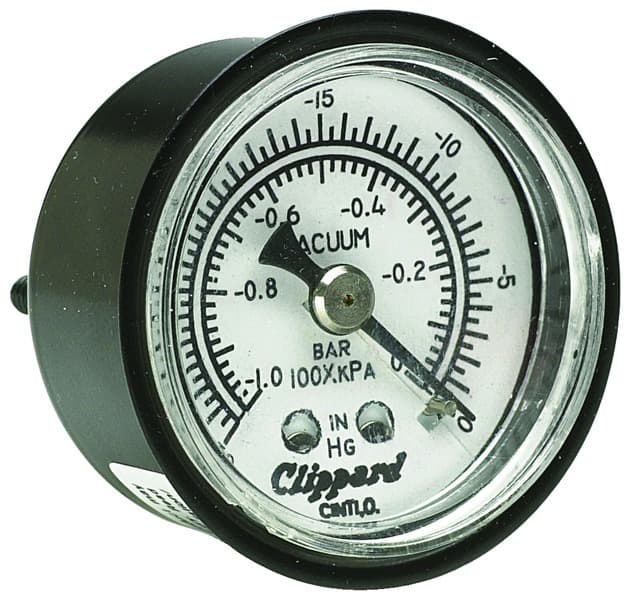 Clippard VG-30 Vacuum Gauge, Panel or Stud Mount, 1/8" NPT, 0 to 30 in. Hg., Gauge measures pneumatic vacuum pressure. Mounting bracket included. VG-30 on Applied Automation