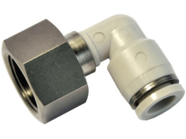 AirTAC PLF804 Elbow female connector (PT thread), Nickel plated aluminum body with plastic collar, 8 mm tubing connection,1/2" PT thread, Nickel plated aluminum/plastic, NBR, Gray PLF804 on Applied Automation