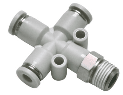 AirTAC PZB1003 Threaded cross connector (PT thread), Nickel plated brass body with plastic collar, 10 mm tubing connection,3/8" PT thread, Nickel plated brass/plastic, NBR, Gray PZB1003 on Applied Automation