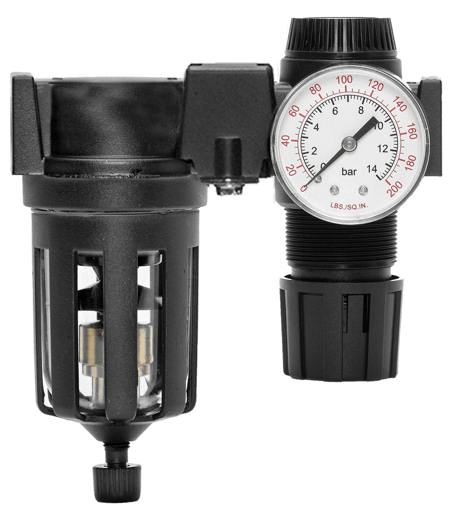 ROSS Controls 5M11B2110 Filter Regulator Combination Mid-Size Series, Piston, Auto Drain, Polycarbonate Bowl, 5 µm Filter, 0-100 (0-6.9) Pressure Range, 0-200 (0-14) Gauge, Threaded Ports 1/4" NPT 5M11B2110 on Applied Automation