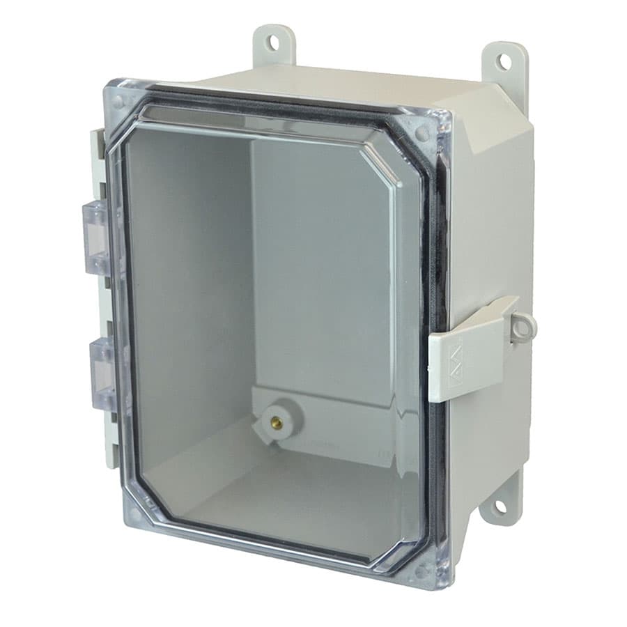 Allied Moulded Products AMU864CCNL 8"x6"x4" ULTRALINE® fiberglass wall mount enclosure assembly with hinged clear cover and nonmetal snap latch AMU864CCNL on Applied Automation