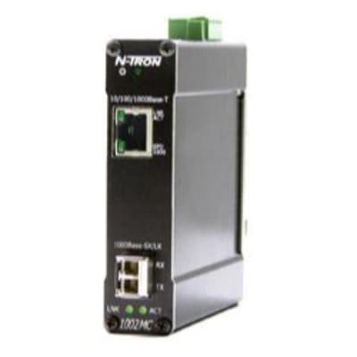 Red Lion 1002MC-SX Red Lion 1002MC-SX is a Gigabit Media Converter designed for converting data signals between copper (RJ45 port, 10/100/1000baseTX) and fiber optic (SFP Mini-GBIC Gigabit Transceiver slot, 1000BaseSX multi-mode 550m Fiber Pluggable SFP Transceiver Included) interfaces. It operates on a supply voltage of 10-30Vdc (12Vdc / 24Vdc) and is housed in a metal case for durability. This media converter does not require an AC supply voltage, as its operation is supported within an ambient air temperature range of -40 to +85°C. It is designed for DIN rail mounting, making it suitable for integration into various industrial settings. The 1002MC-SX is part of the N-Tron 1002MC series, emphasizing its role in network infrastructure by facilitating seamless data transmission across different media types. 1002MC-SX on Applied Automation