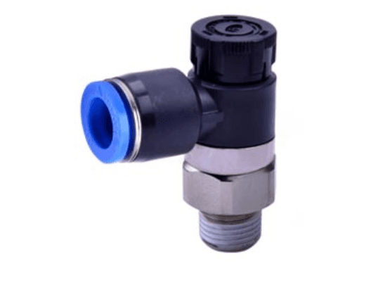 AirTAC NPTL5/16-3/8A Flow control fitting, Plastic body and plastic collar, 5/16" inch tubing connection,3/8" NPT thread, plastic, NBR, Black body with blue collar NPTL5/16-3/8A on Applied Automation