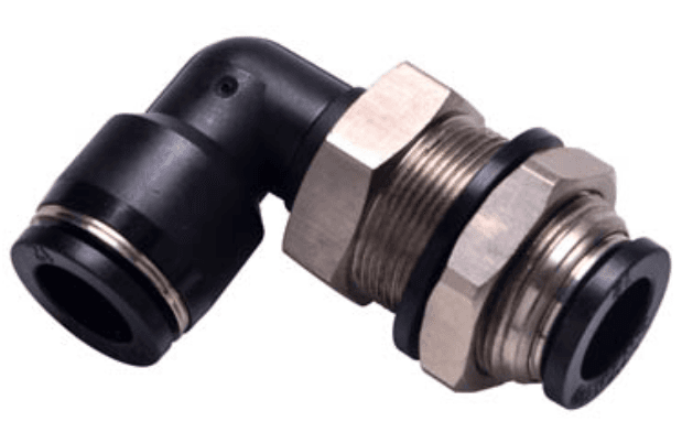 AirTAC PLM4D Bulkhead male elbow connector, Nickel plated brass/plastic with plastic collar, 4 mm tubing connection,Nickel plated brass/plastic, NBR, Black PLM4D on Applied Automation