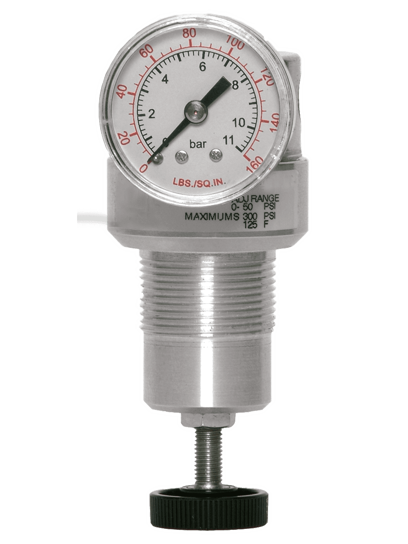 ROSS Controls 5212C2006 Precision Regulator Miniature Series, Diaphragm, Self-Relieving, 0-50 (0-3.4) Pressure Range, Knob Adjustment, 0-160 (0-11) Gauge, Port 1 Threaded 1/4", Port 2 Threaded 1/4", NPT 5212C2006 on Applied Automation