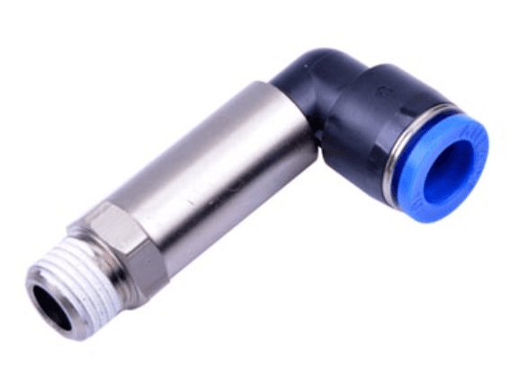 AirTAC NPLL3/8-3/8 extended elbow connector (NPT thread), Nickel plated brass/plastic body with plastic collar, 3/8" inch tubing connection,3/8" NPT thread, Nickel plated brass and plastic, NBR, Black body with blue collar NPLL3/8-3/8 on Applied Automation