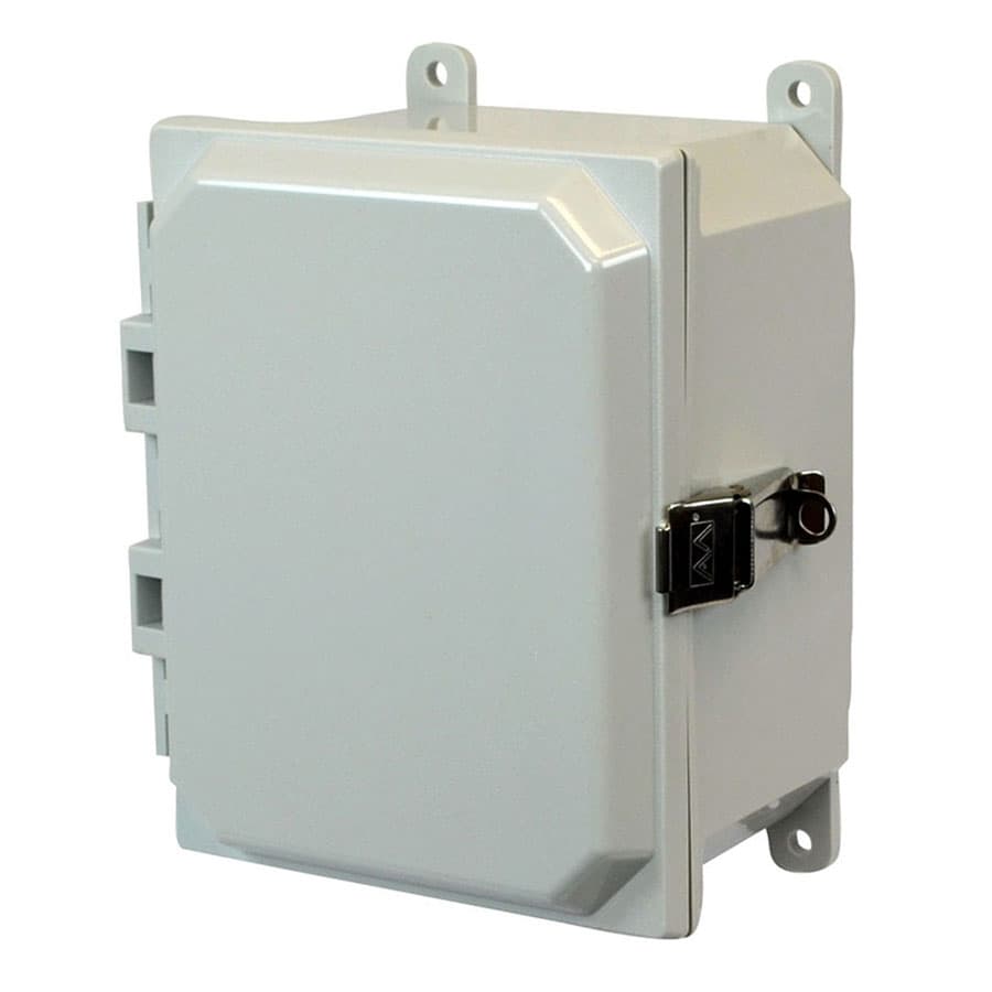 Allied Moulded Products AMP864L 8"x6"x4" POLYLINE® polycarbonate wall mount enclosure assembly with hinged cover and stainless-steel snap latch AMP864L on Applied Automation
