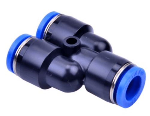 AirTAC NPY5/32 Union "Y", Plastic body and plastic collar, 5/32" inch tubing connection, NPT thread, plastic, NBR, Black body with blue collar NPY5/32 on Applied Automation