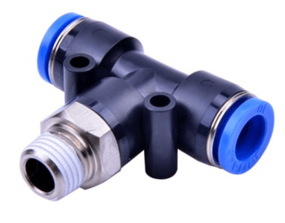 AirTAC NPEB5/16-3/8 male branch tee (NPT), Plastic body and plastic collar, 5/16" inch tubing connection,3/8" NPT thread, Nickel plated brass / plastic, NBR, Black body with blue collar NPEB5/16-3/8 on Applied Automation