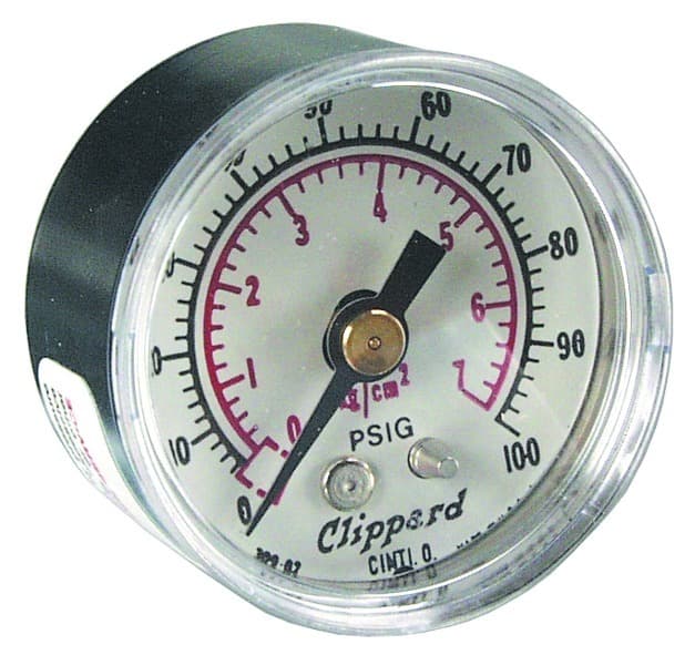 Clippard PG-101-BK Pressure Gauge, Stud Mount, 1/8" NPT, 0 to 100 psig, Black Case, Gauge measure pneumatic system pressure. Stud mounted. PG-101-BK on Applied Automation
