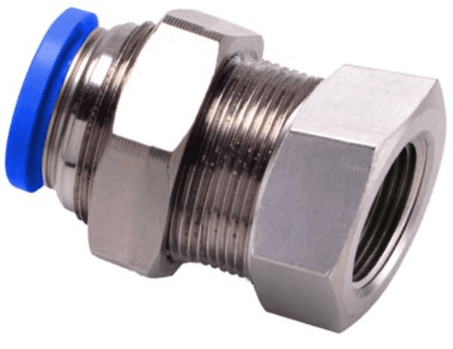 AirTAC NPMF1/2-3/8 bulkhead female connector (NPT), Nickel plated brass with plastic collar, 1/2" inch tubing connection,3/8" NPT thread, Nickel plated brass, NBR, blue collar NPMF1/2-3/8 on Applied Automation